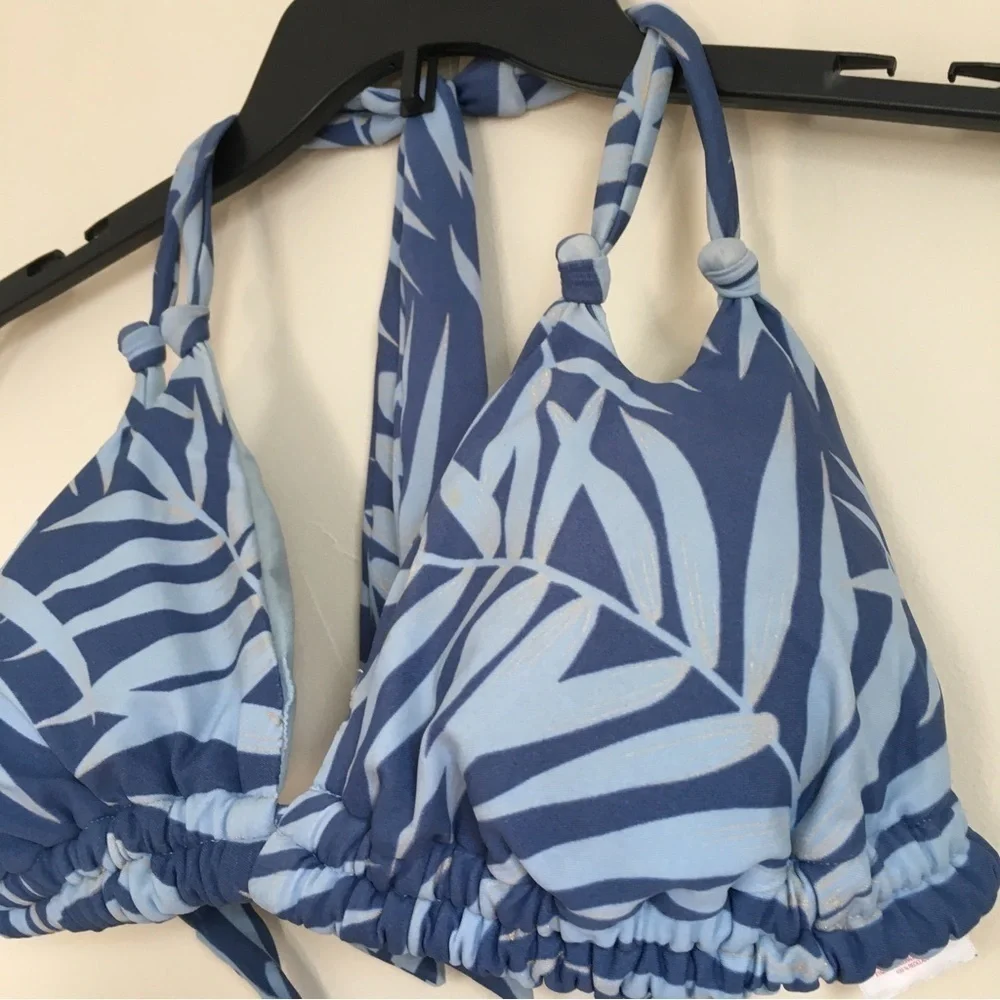 Xhiliration Blue Palm print Adjustable Straps Swimsuit Bikini Top